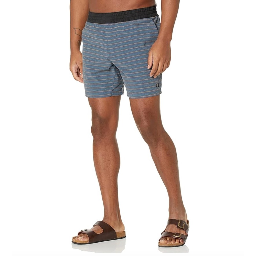 Prana Mens Slope Shorts Blue Striped Elastic Waist Stretch Size Large L